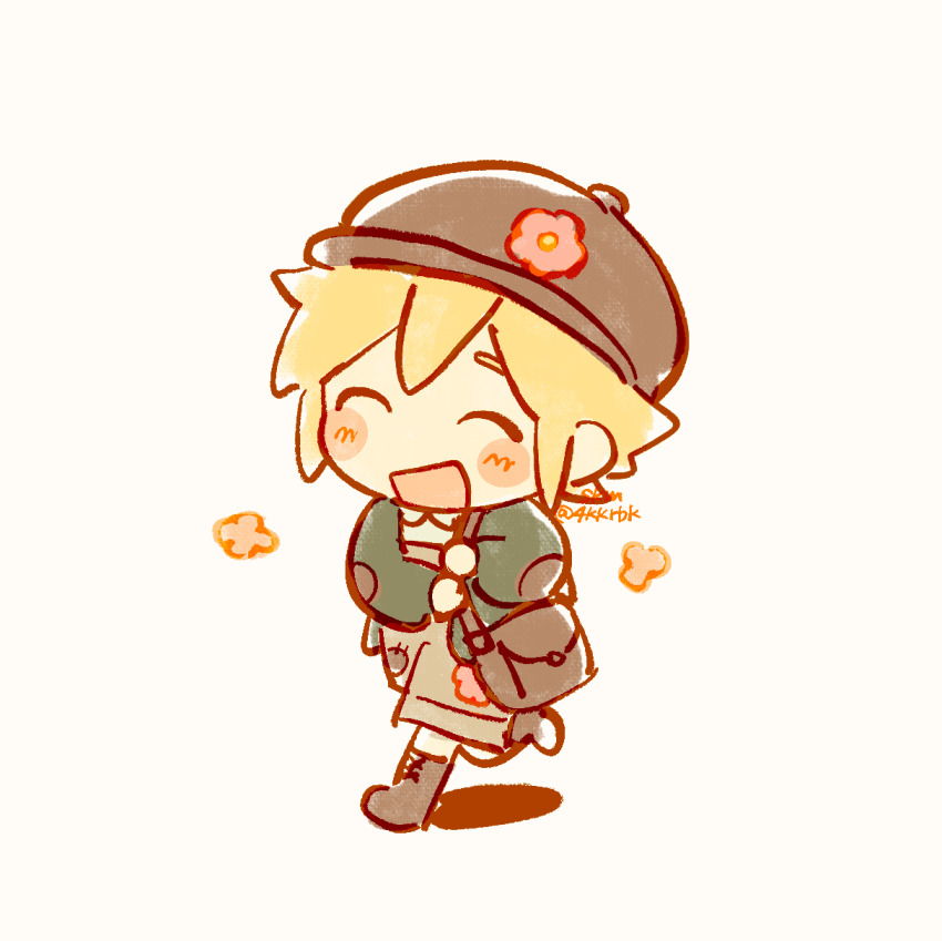 1boy, 4kkrbk, bag, basil_(faraway)_(omori), basil_(omori), blonde_hair, blush, boots