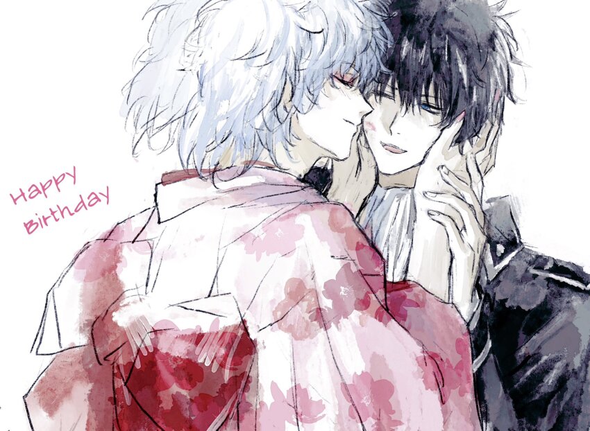2boys, black_hair, blue_eyes, gintama, hands_on_another's_face, happy_birthday, highres, hijikata_toushirou