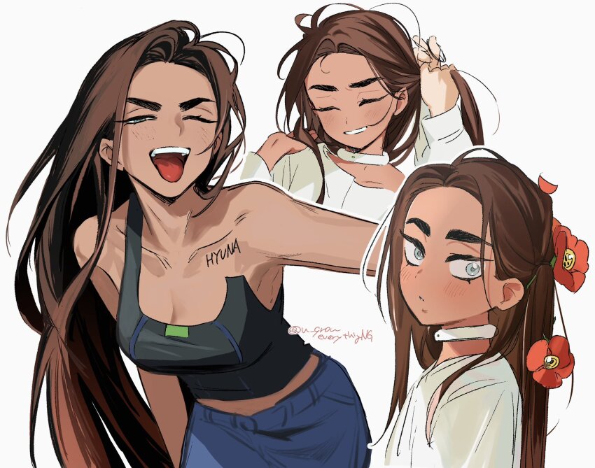 1girl, alien_stage, bare_shoulders, black_tank_top, blue_eyes, blue_pants, blush, breasts, brown_hair, character_name, cleavage, closed_eyes, dark-skinned_female, dark_skin, flower, hair_flower, hair_ornament, hair_tie, hairdressing, half-closed_eye, highres, holding, holding_hair_tie, hyuna_(alien_stage), leaning_forward, long_hair, long_sleeves, midriff_peek, multiple_views, one_eye_closed, pants, parted_lips, shirt, smile, tank_top, thick_eyebrows, tongue, tongue_out, tsurime, twitter_username, u_qrou, upper_body, very_long_hair, white_shirt