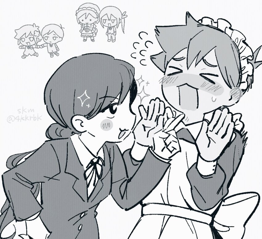 2girls, 4boys, 4kkrbk, :3, alternate_costume, antenna_hair, aubrey_(faraway)_(omori), aubrey_(omori)