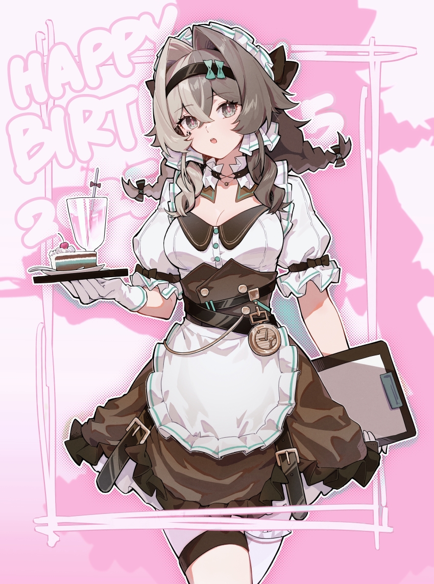 1girl, 2025, :o, absurdres, alternate_costume, apron, black_hairband, breasts