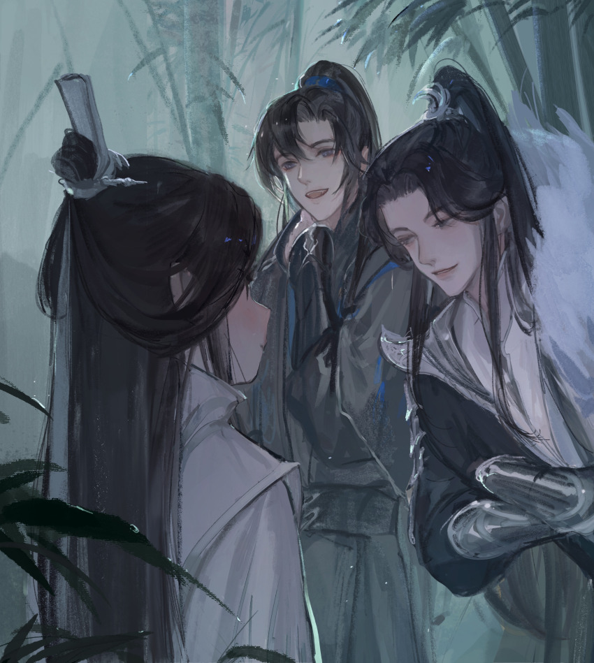3boys, absurdres, armor, bamboo, bamboo_forest, black_hair, black_hanfu, black_sash