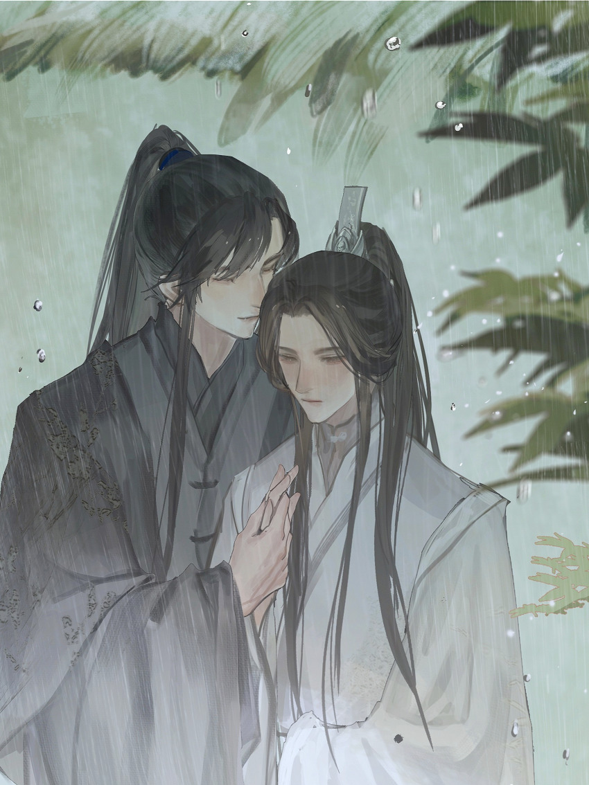 2boys, black_hair, black_hanfu, chinese_clothes, chinese_commentary, chu_wanning, closed_eyes, closed_mouth