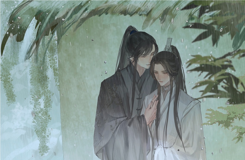 2boys, absurdres, black_hair, black_hanfu, chinese_clothes, chinese_commentary, chu_wanning, closed_eyes