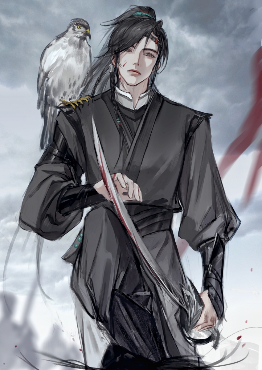 1boy, absurdres, animal, animal_on_shoulder, bird, bird_on_shoulder, black_hair, black_hanfu