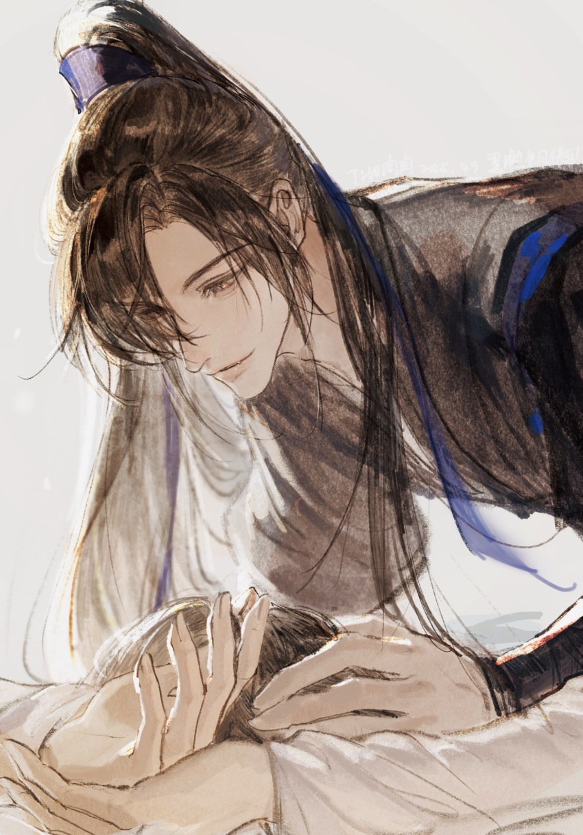 2boys, black_hair, black_hanfu, blue_ribbon, chinese_clothes, chinese_commentary, chu_wanning, closed_mouth