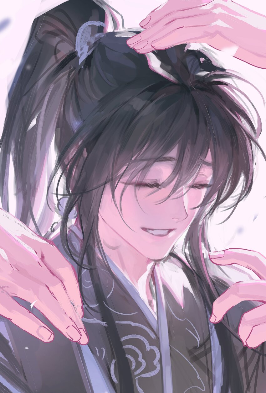 1boy, absurdres, baek_eon, black_hair, chinese_clothes, closed_eyes, grin, hand_on_another's_head