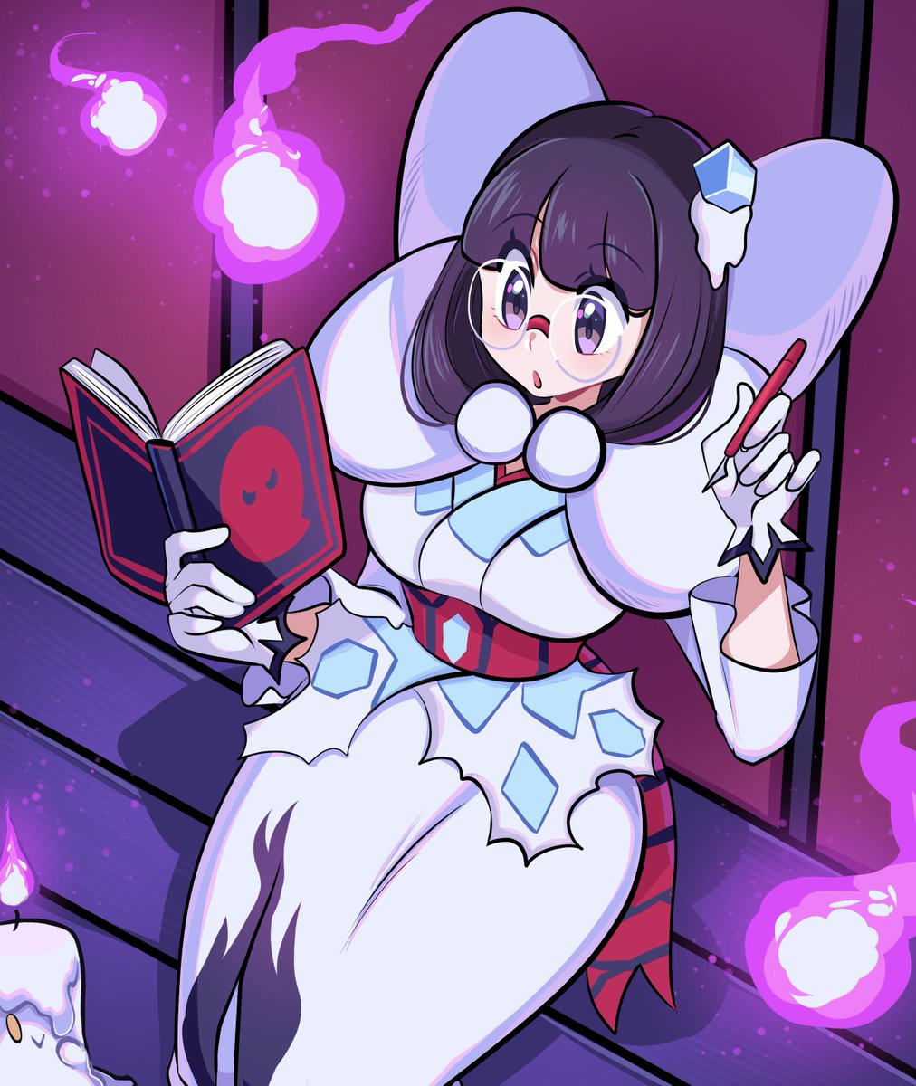 1girl, bob_cut, book, breasts, crystal_hair_ornament, gen_5_pokemon, glasses, gloves