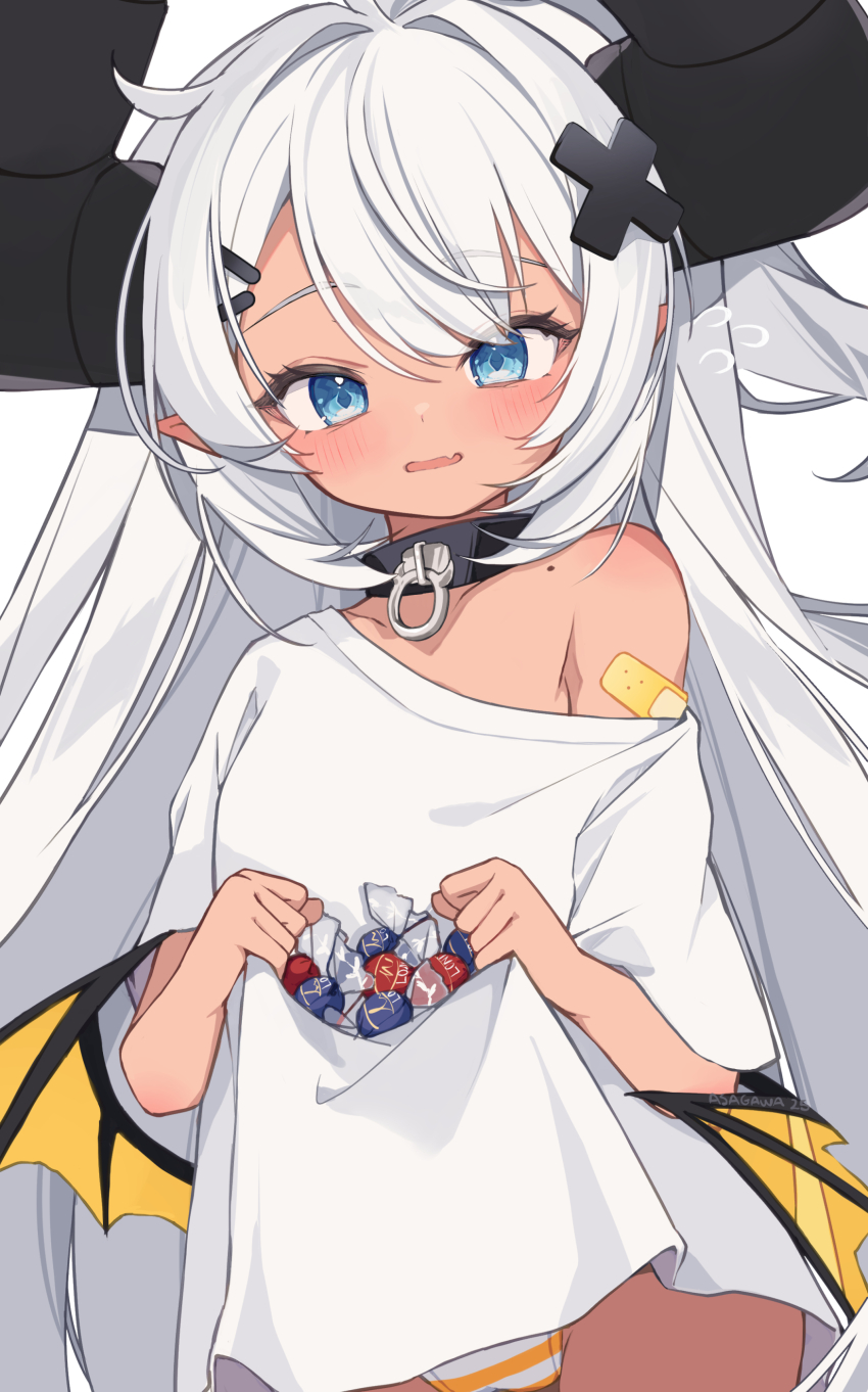 absurdres, armpit_peek, asagawa_mikan, asagawa_mikan_(peachy_michi), bare_shoulders, bat_wings, blue_eyes, blush