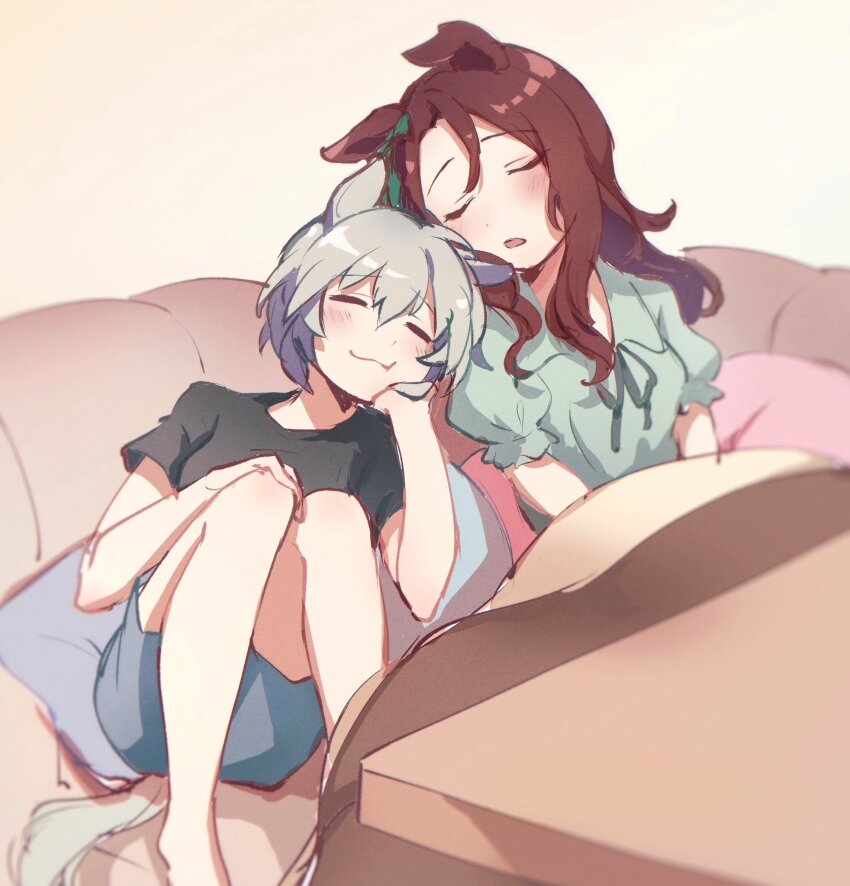 2girls, animal_ears, black_shirt, blue_shorts, blush, bow, brown_hair, closed_eyes