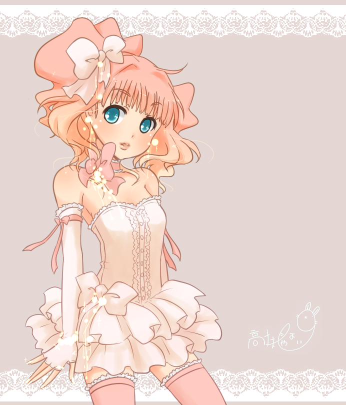 1girl, bare_shoulders, bow, choker, dress, elbow_gloves, female_focus, fingerless_gloves