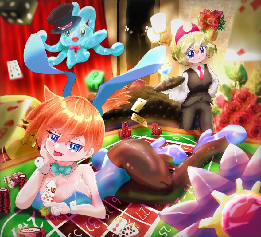 2girls, animal_ears, ass, asymmetrical_hair, bare_shoulders, black_vest, blonde_hair, blue_eyes