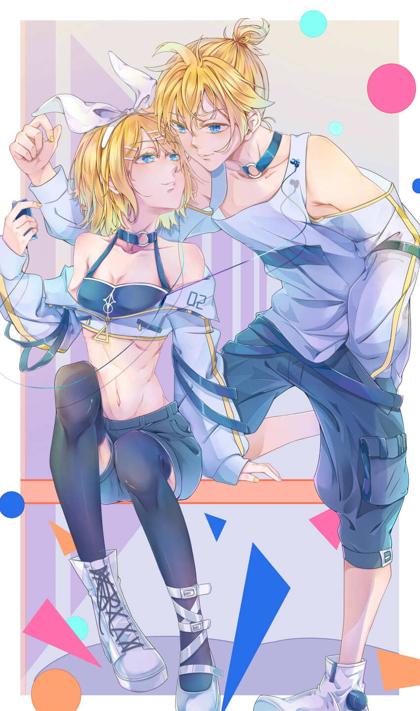 1boy, 1girl, absurdres, blonde_hair, blue_eyes, bow, brother_and_sister, choker, cropped_jacket, different_shoes, earphones, flat_chest, highres, jacket, kagamine_len, kagamine_rin, long_sleeves, mp3_player, navel, shirt, shoes, shorts, siblings, sitting, thighhighs, twins, vocaloid