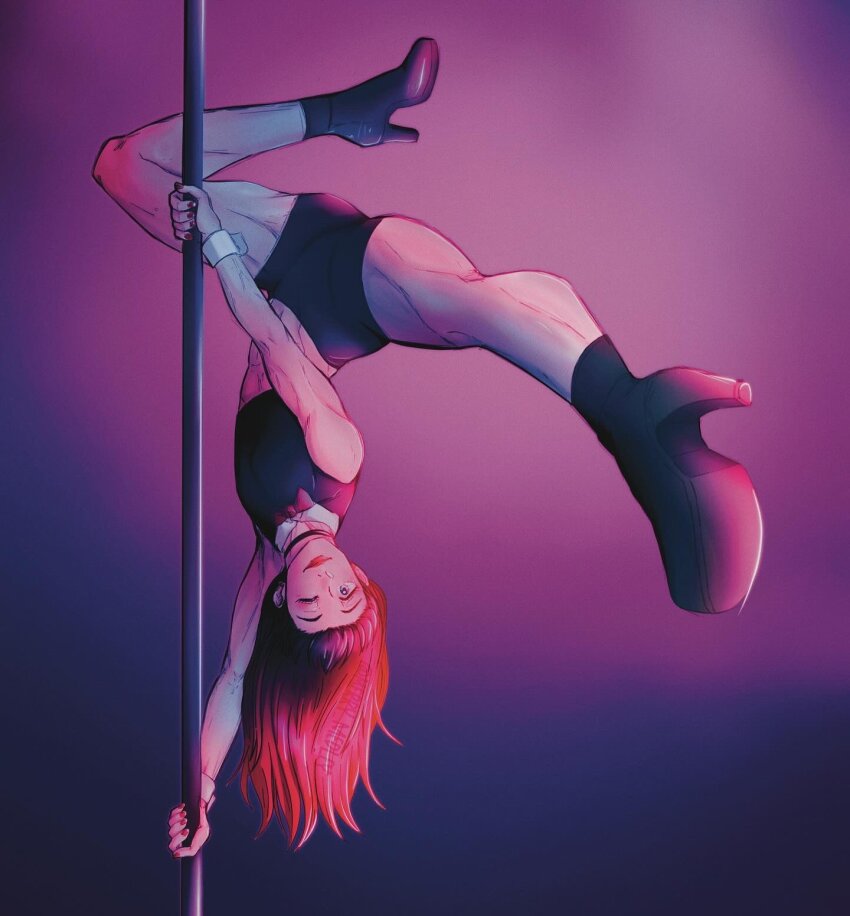 1boy, androgynous, boots, crop_top, crossdressing, crossdressing_(mtf), gradient_background, high_heel_boots, high_heels, highres, merry_medley, multicolored_hair, one_eye_closed, pole, pole_dancing, shorts, simple_background, smile, solo, stripper_pole, toned, toned_male, trap, tsubakino_tasuku, upside-down, wind_breaker_(nii_satoru)