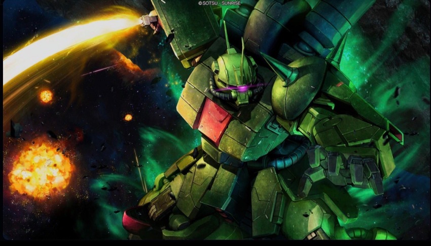 cable, copyright_logo, debris, energy_field, energy_sword, glowing, gundam, gundam_battle_operation_2