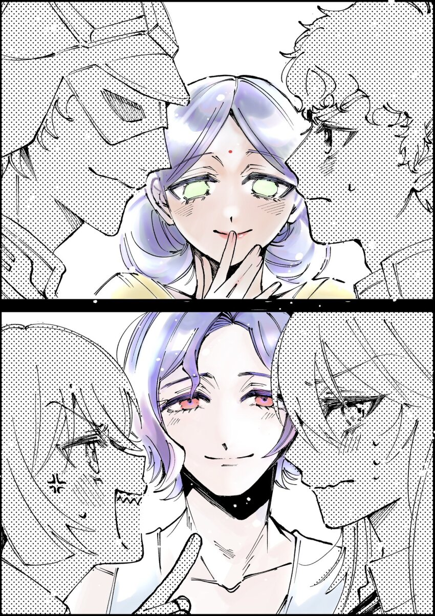 3boys, 3girls, amate_yuzuriha, amuro_ray, averting_eyes, blue_hair, blush, char_aznable, dark-skinned_female, dark_skin, double_bun, green_eyes, gundam, gundam_gquuuuuux, hair_bun, highres, lalah_sune, long_hair, mobile_suit_gundam, multiple_boys, multiple_girls, nyaan_(gundam_gquuuuuux), open_mouth, partially_colored, red_eyes, shirt, short_hair, shuji_ito, simple_background, smile, unoharu403, white_background, zeon