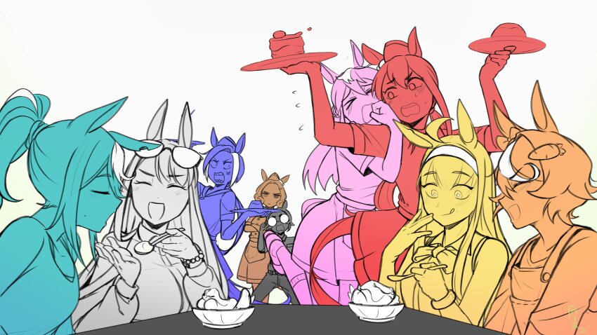 >_<, +_+, 6+girls, :d, :o, absurdres, adjusting_eyewear, ahoge