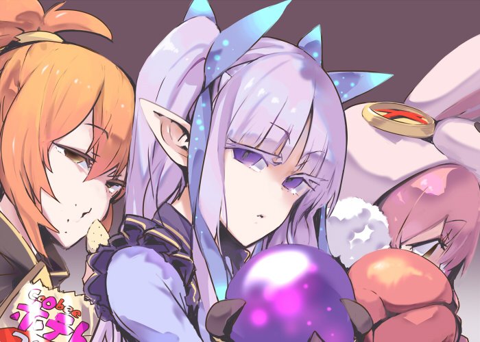 3girls, animal_ears, brown_background, brown_eyes, chips_(food), closed_mouth, colored_eyelashes, commentary_request