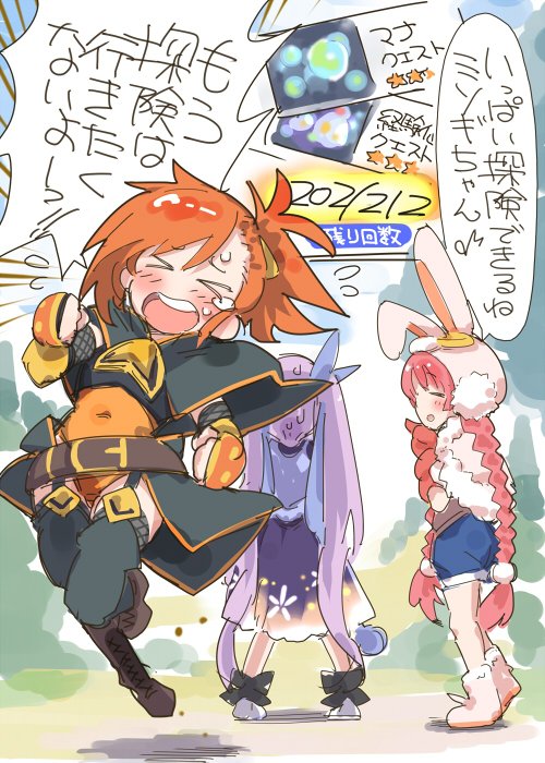 >_<, 3girls, black_capelet, black_thighhighs, blue_shorts, boots, braid, braided_twintails