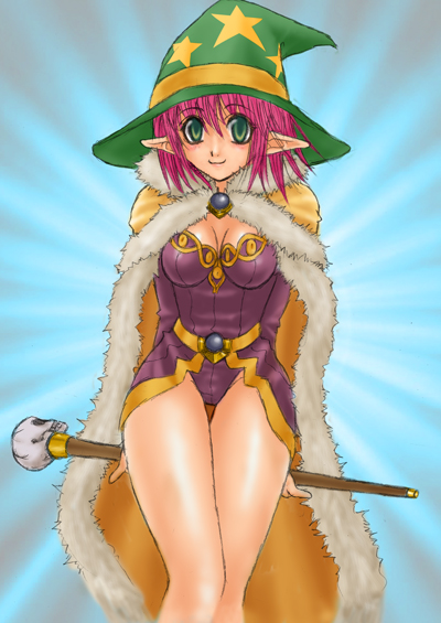 1girl, 2000s_(style), arms_behind_back, blue_background, breasts, brown_cape, cape, cleavage