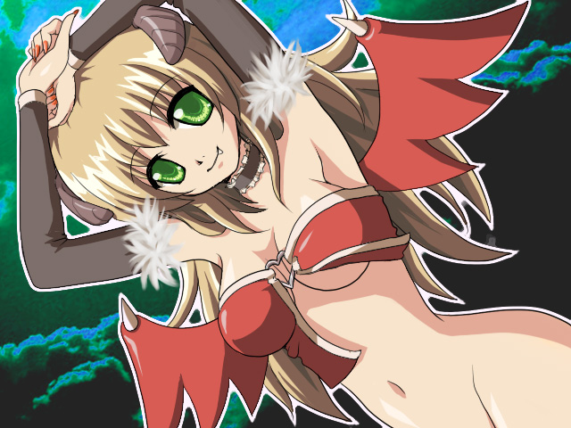 1girl, armpits, black_sleeves, blonde_hair, breasts, brown_horns, cleavage, closed_mouth