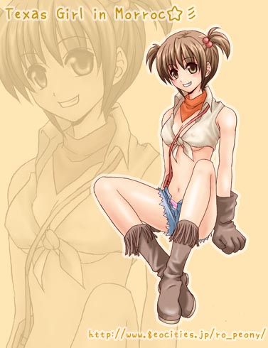 1girl, 2000s_(style), bandana, blacksmith_(ragnarok_online), blue_shorts, blush, boots, breasts, brown_background, brown_boots, brown_eyes, brown_gloves, brown_hair, commentary_request, crop_top, feliciel, full_body, gloves, grin, hair_bobbles, hair_ornament, looking_at_viewer, lowres, medium_breasts, navel, open_fly, orange_bandana, panties, panty_peek, pink_panties, ragnarok_online, shirt, short_hair, short_shorts, short_twintails, shorts, simple_background, sleeveless, sleeveless_shirt, smile, solo, tied_shirt, twintails, underboob, underwear, watermark, web_address, white_shirt, zoom_layer