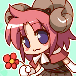 1girl, 2000s_(style), :3, blue_background, blush_stickers, brown_dress, brown_horns, cape, chibi, chibi_only, closed_mouth, commentary_request, creator_(ragnarok_online), dress, feliciel, flower, gloves, holding, holding_flower, horns, looking_at_viewer, lowres, medium_hair, pink_hair, purple_eyes, ragnarok_online, red_cape, red_flower, smile, solo, upper_body, white_gloves