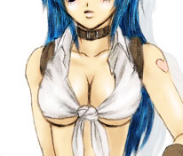 1girl, 2000s_(style), blacksmith_(ragnarok_online), blue_hair, breast_focus, breasts, cleavage, commentary_request