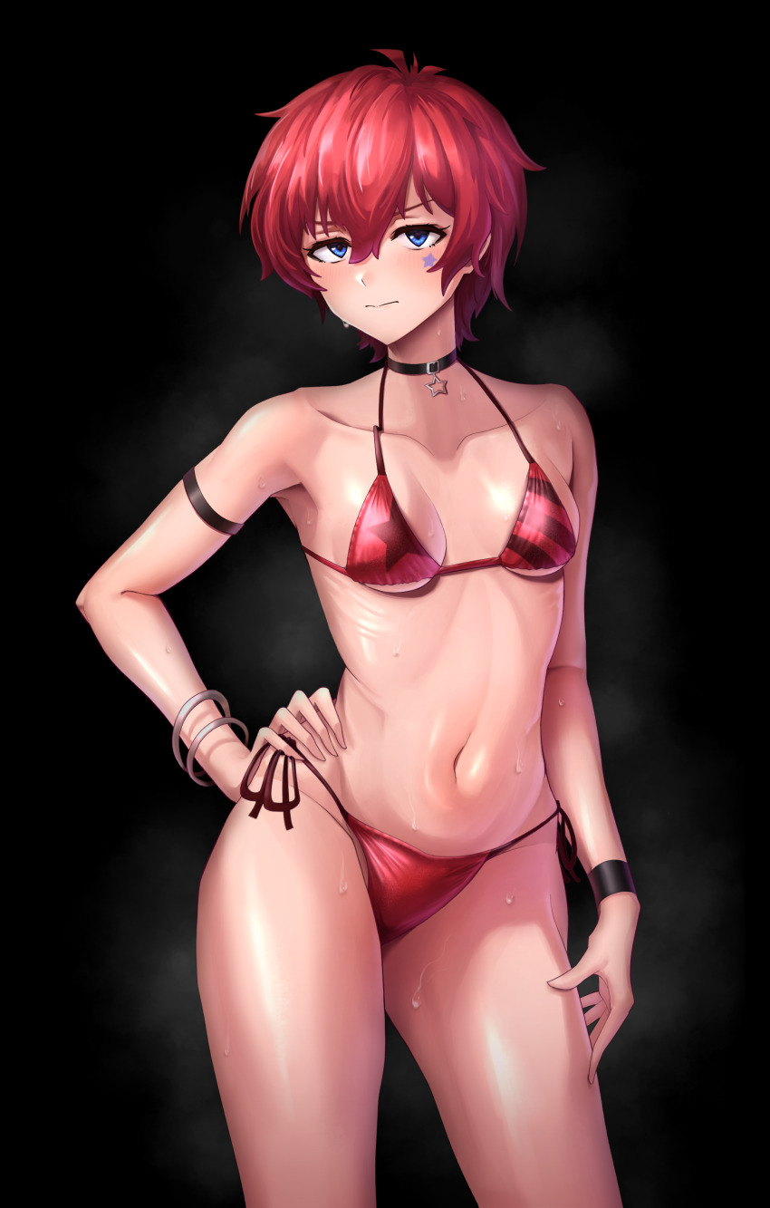 1girl, absurdres, armband, bare_shoulders, bikini, black_armband, black_background, blue_eyes