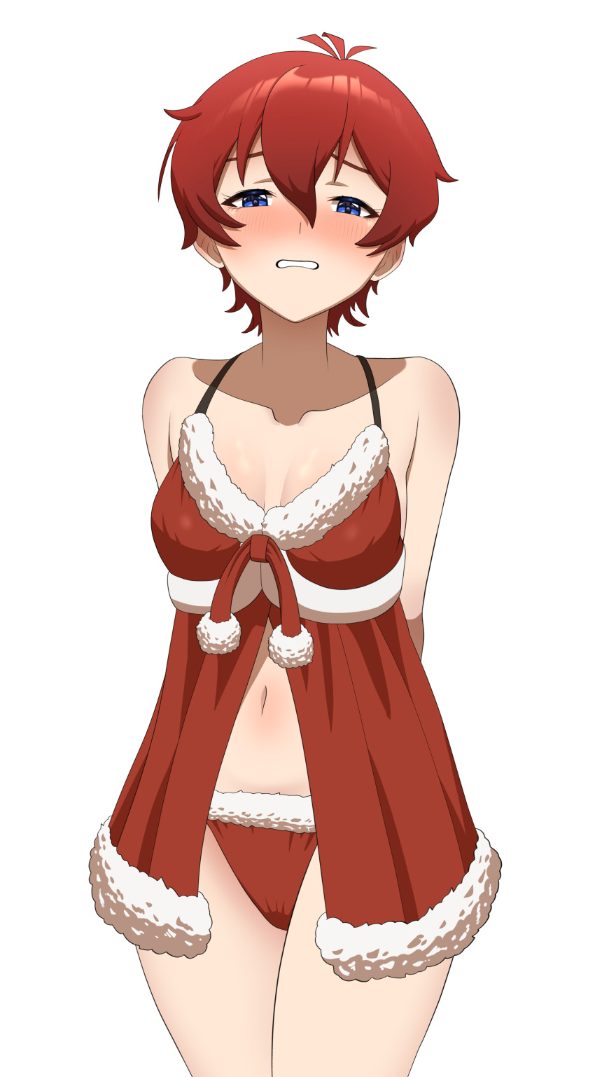 1girl, absurdres, arms_behind_back, babydoll, bare_shoulders, blue_eyes, blush, breasts