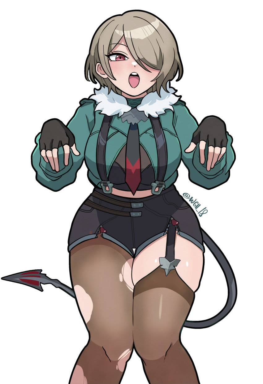 1girl, :d, artist_name, black_gloves, black_neckerchief, black_shorts, breasts, brown_hair