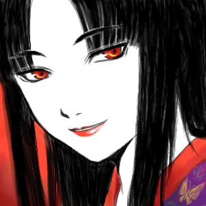 1girl, 2000s_(style), close-up, colored_skin, commentary_request, feliciel, lips, long_hair, looking_at_viewer, lowres, miyabi_doll, portrait, ragnarok_online, red_background, red_eyes, simple_background, smile, solo, white_skin