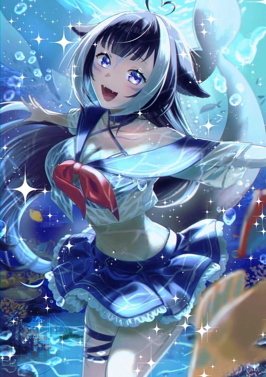 1girl, absurdres, ahoge, blue_skirt, breasts, cleavage, collarbone, cowboy_shot, cropped_shirt, fangs, fish, gami_(gami37260414), heart, heart_ahoge, highres, indie_virtual_youtuber, large_breasts, midriff, navel, ocean, open_mouth, orca_girl, purple_eyes, shirt, shylily, skirt, smile, solo, underwater, virtual_youtuber, white_shirt