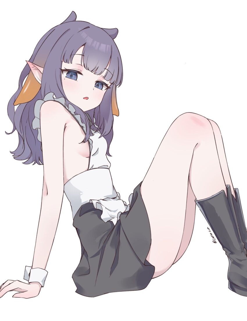 1girl, adapted_costume, apron, arm_support, black_boots, black_skirt, blue_eyes, boots, breasts, cattocut, gradient_hair, highres, hololive, hololive_english, knees_up, long_hair, mole, mole_under_eye, multicolored_hair, ninomae_ina'nis, ninomae_ina'nis_(pastry_chef), open_mouth, orange_hair, pointy_ears, purple_hair, sideboob, simple_background, sitting, skirt, small_breasts, solo, tentacle_hair, virtual_youtuber, white_apron, white_background, wrist_cuffs
