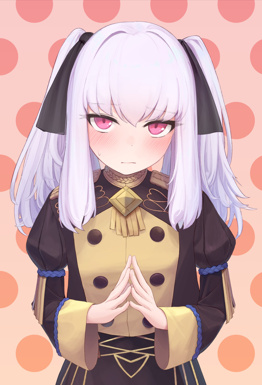 1girl, absurdres, alternate_hairstyle, black_ribbon, blush, buttons, closed_mouth, dokon