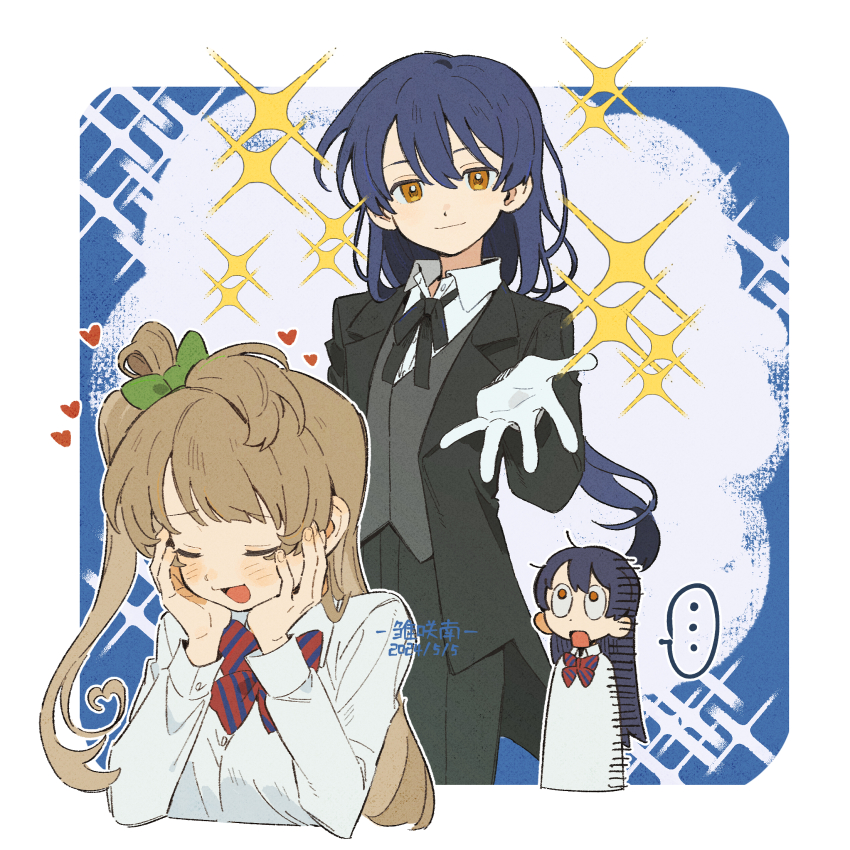 ..., 2girls, alternate_costume, asymmetrical_hair, black_jacket, black_pants, black_suit, blue_background