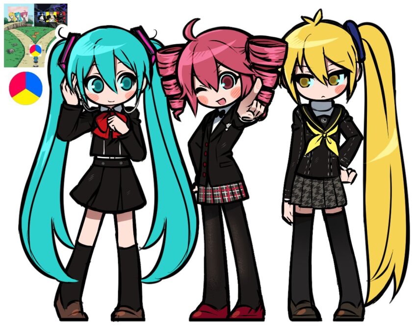 3girls, akita_neru, amamiya_ren, aqua_eyes, aqua_hair, black_jacket, black_pantyhose, black_sailor_collar, black_skirt, black_socks, black_thighhighs, blonde_hair, bow, bowtie, closed_mouth, dramatic_crossroads_(meme), drill_hair, earphones, gekkoukan_high_school_uniform, hair_ornament, hand_on_own_hip, hatsune_miku, houndstooth, jacket, jjjjtaaaku, kasane_teto, kneehighs, long_hair, meme, multiple_girls, narukami_yu, neckerchief, one_eye_closed, open_mouth, pantyhose, persona, persona_3, persona_4, persona_5, plaid_clothes, plaid_skirt, pleated_skirt, pointing, red_bow, red_bowtie, red_eyes, reference_inset, sailor_collar, school_uniform, serafuku, shoes, shuujin_academy_school_uniform, side_ponytail, simple_background, skirt, socks, standing, thighhighs, triple_baka_(vocaloid), twin_drills, twintails, utau, very_long_hair, vocaloid, white_background, yasogami_school_uniform, yellow_eyes, yellow_neckerchief, yuuki_makoto_(persona_3)