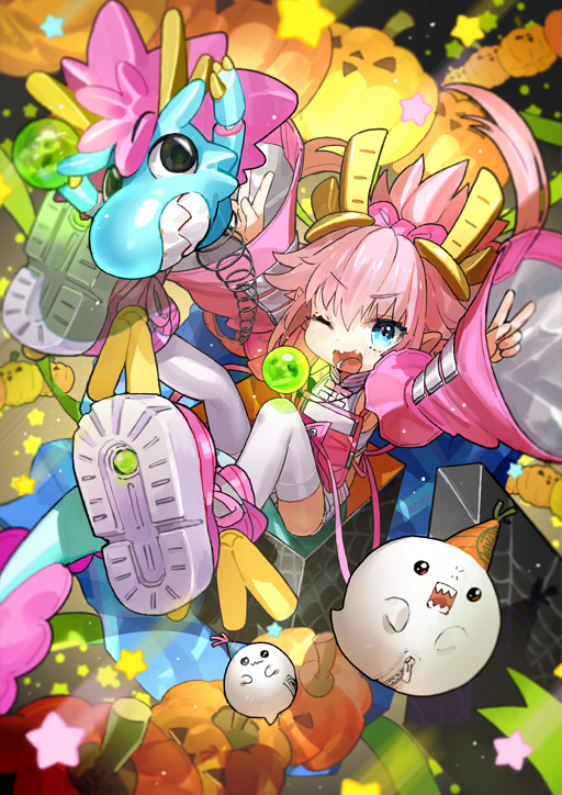 1girl, ;d, arms_up, blue_eyes, blue_tail, blush, bow, child