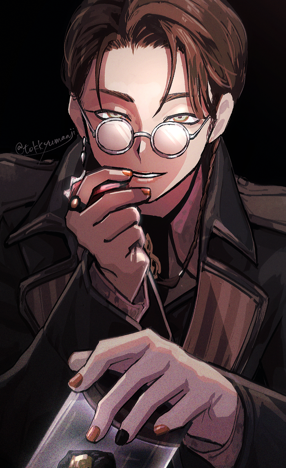 1boy, ascot, black_ascot, black_background, black_jacket, black_nails, brown_hair, brown_trim