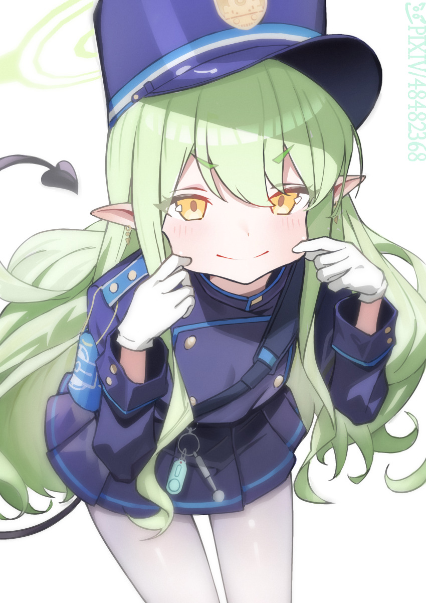 1girl, absurdres, blue_archive, blue_hat, blue_jacket, blue_skirt, buttons, closed_mouth