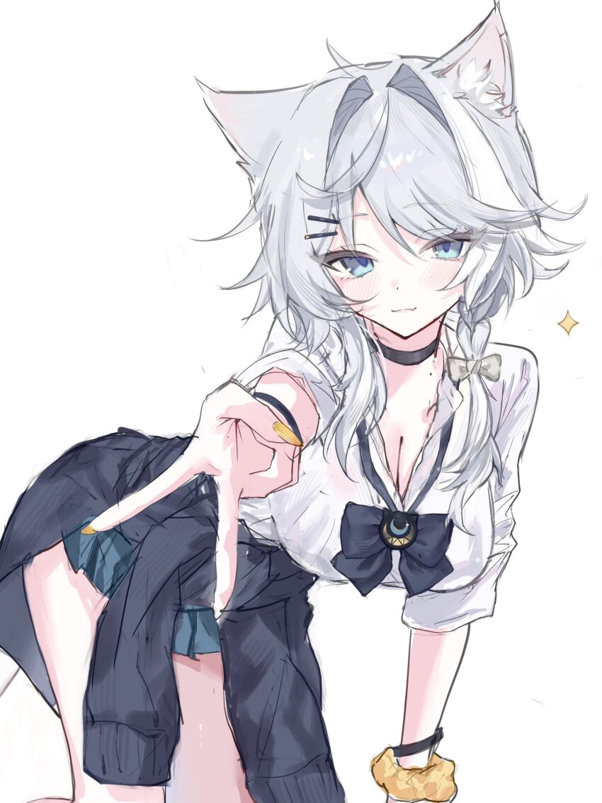 1girl, alternate_costume, ame_amean, animal_ear_fluff, animal_ears, black_choker, black_sweater, blue_skirt