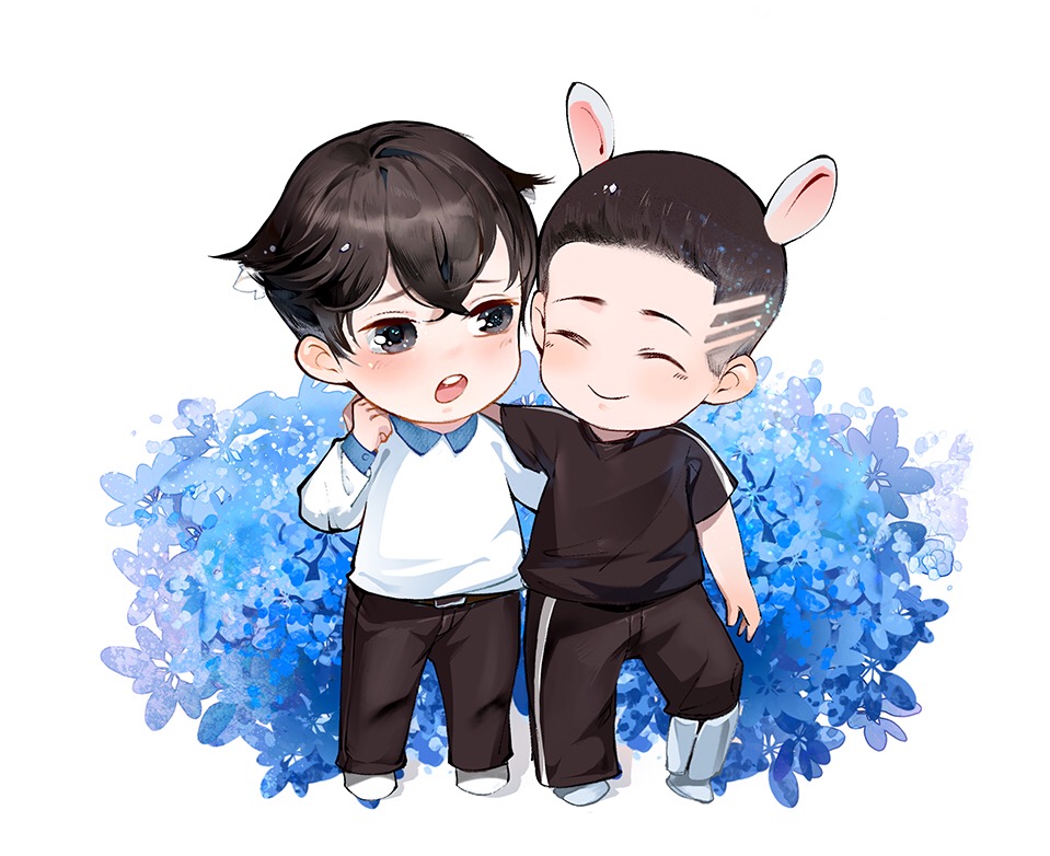 2boys, ^_^, animal_ear_fluff, animal_ears, arm_around_neck, bare_arms, belt, belt_buckle