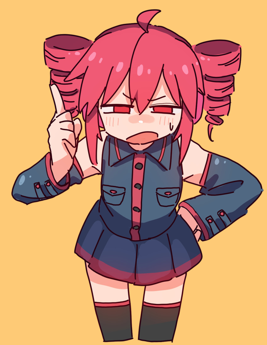 1girl, ahoge, black_shirt, black_skirt, commentary_request, cowboy_shot, detached_sleeves, drill_hair