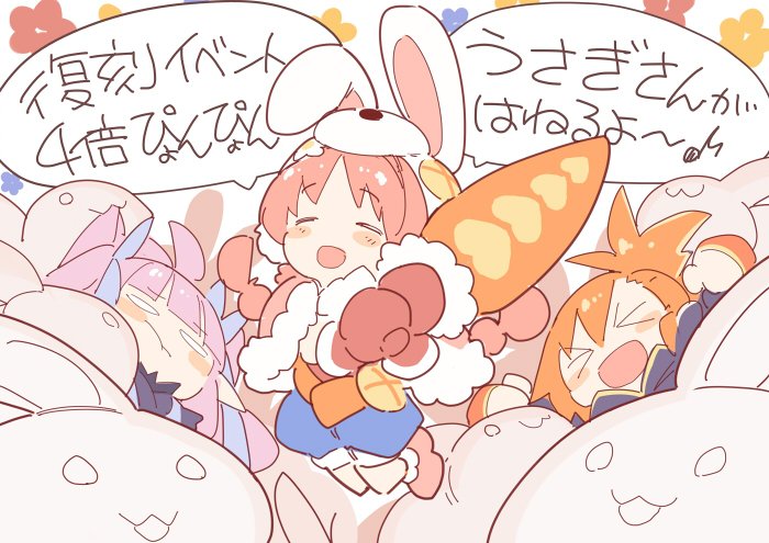 >_<, 3girls, :3, :d, animal_ears, blue_shorts, blush_stickers, fake_animal_ears, floral_background, flower_symbol, holding, holding_sword, holding_weapon, ito_ryo, kyoka_(princess_connect!), little_lyrical, mimi_(princess_connect!), misogi_(princess_connect!), multiple_girls, open_mouth, orange_hair, pink_hair, ponytail, princess_connect!, purple_hair, rabbit, rabbit_ears, short_hair, shorts, smile, sword, too_many, too_many_rabbits, translation_request, weapon, wide_oval_eyes, xd