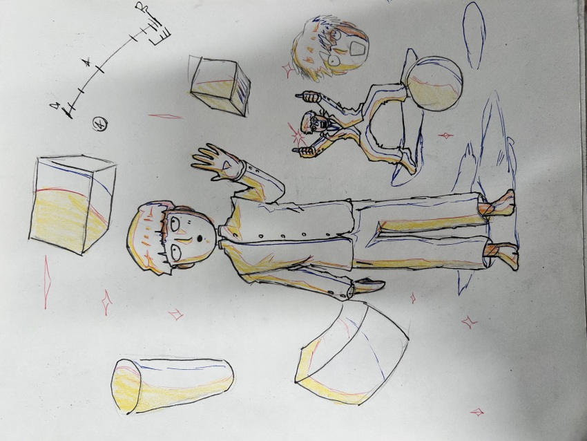 2boys, ?_block, absurdres, barefoot, exif_rotation, floating, highres, kageyama_shigeo, levitation, limited_palette, looking_at_another, male_focus, mob_psycho_100, multiple_boys, non-web_source, oktoberfools, pants, perspective, reigen_arataka, school_uniform, shadow, sparkle, star_(symbol), timetable, traditional_media