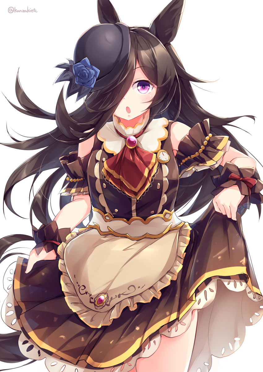 :o, absurdres, animal_ears, apron, ascot, asymmetrical_bangs, bare_shoulders, black_hat