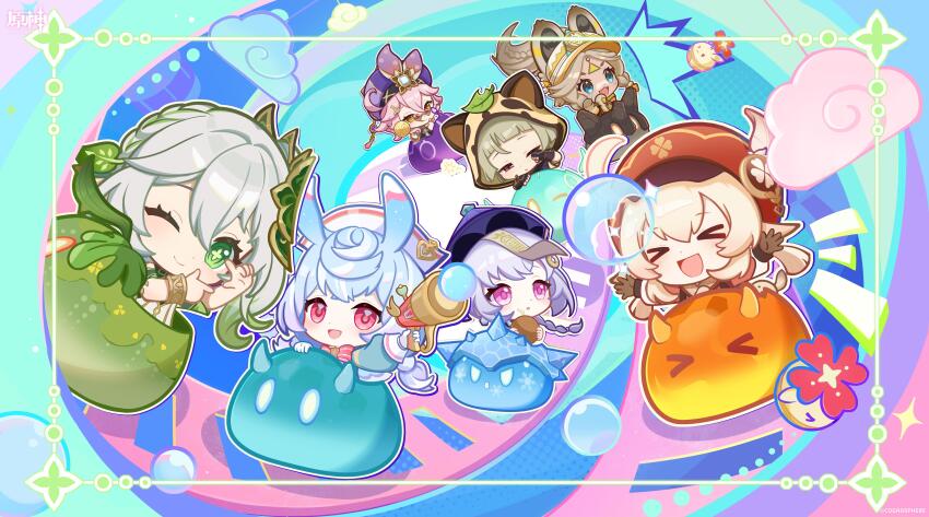 >_<, 6+girls, :d, :q, ;), absurdres, ahoge, anemo_slime_(genshin_impact)