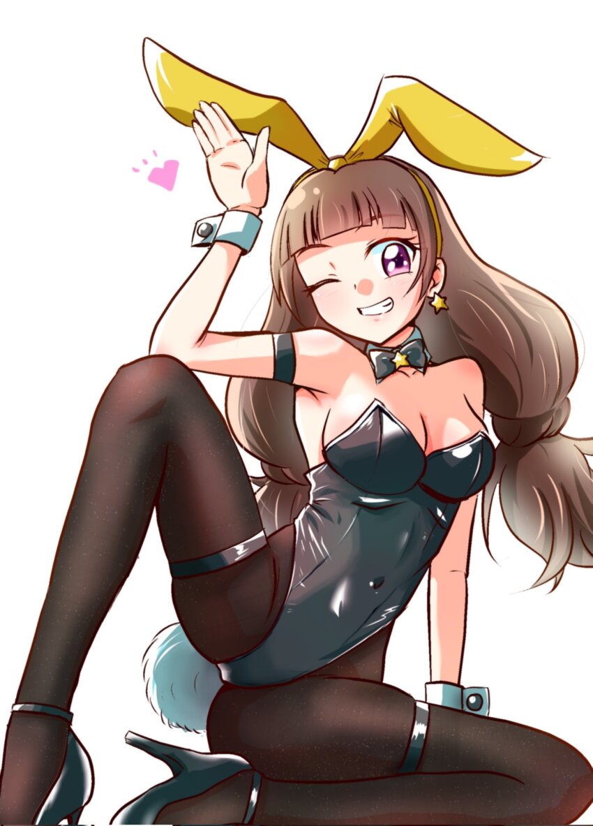 1girl, amanogawa_kirara, animal_ear_hairband, animal_ears, bare_shoulders, black_leotard, black_pantyhose, blush