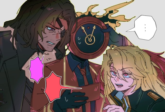 ..., blonde_hair, brown_eyes, brown_hair, dante_(limbus_company), don_quixote_(project_moon), eyepatch, fivveweeks