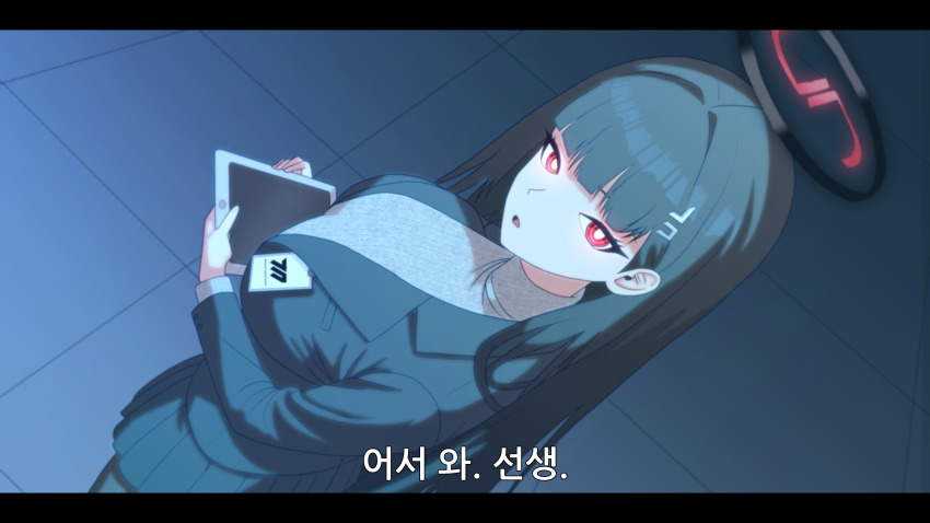 1girl, absurdres, blue_archive, blunt_bangs, breasts, glowing, glowing_eyes, hair_ornament